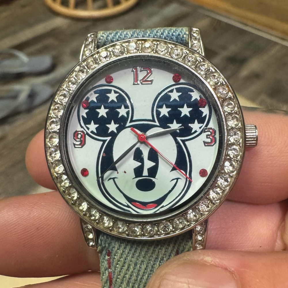 Vintage Disney Mickey Mouse Patriotic Watch Denim Band with Rhinestones